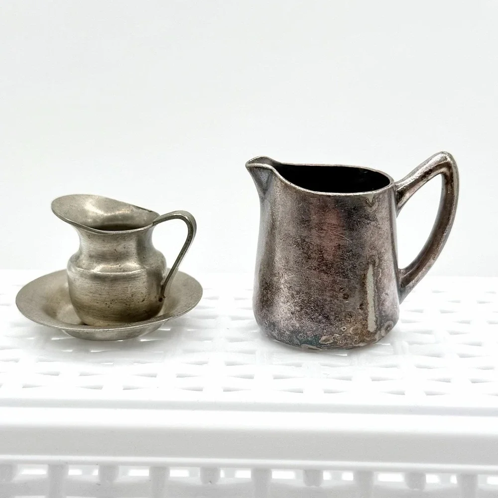 Vintage Mini Pewter & Silverplate Creamer Lot Trinkets Typesetter Case Smalls